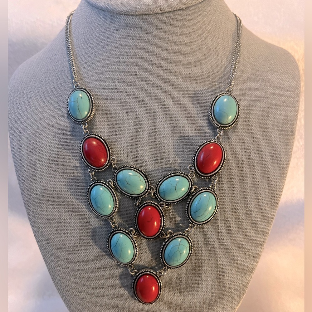 Firm Boho Multi Faux Turquoise and Coral Statement Bib Necklace